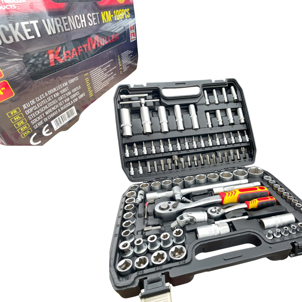Maletín de Herramientas Kraftmuller | Juego de 108 Piezas con Llaves de Carraca y Vasos | Kit Profesional para Mecánica y Bricolaje