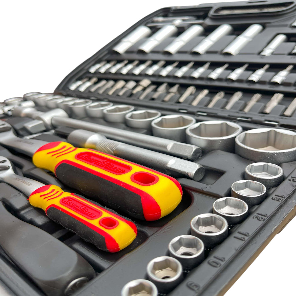 Maletín de Herramientas Kraftmuller | Juego de 108 Piezas con Llaves de Carraca y Vasos | Kit Profesional para Mecánica y Bricolaje