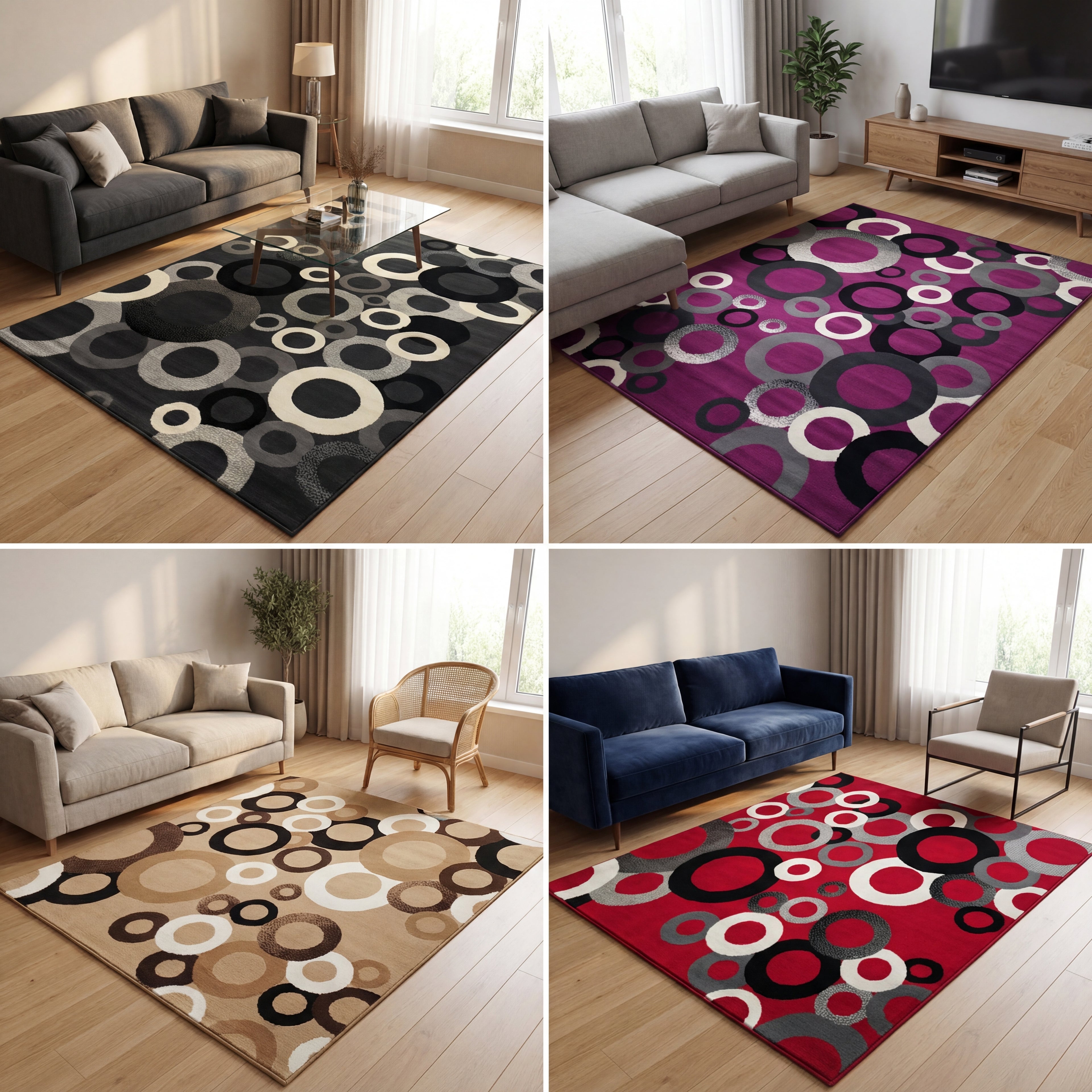 Alfombra Moderna de Lujo con Diseño de Círculos tamaño 2,50 M DE LARGO X 1,80 M DE ANCHO – Disponible en 4 Colores