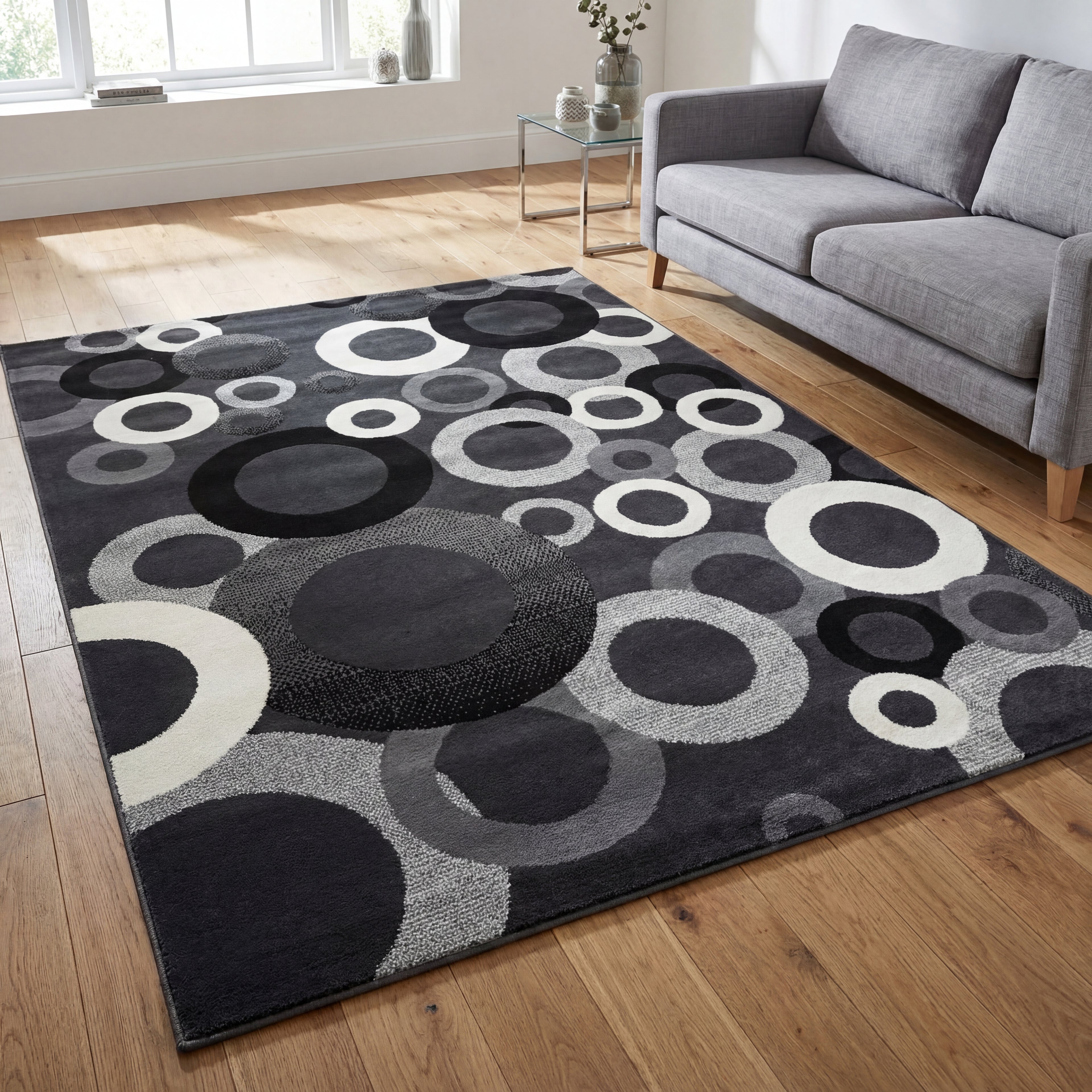 Alfombra Moderna de Lujo con Diseño de Círculos tamaño 2,50 M DE LARGO X 1,80 M DE ANCHO – Disponible en 4 Colores