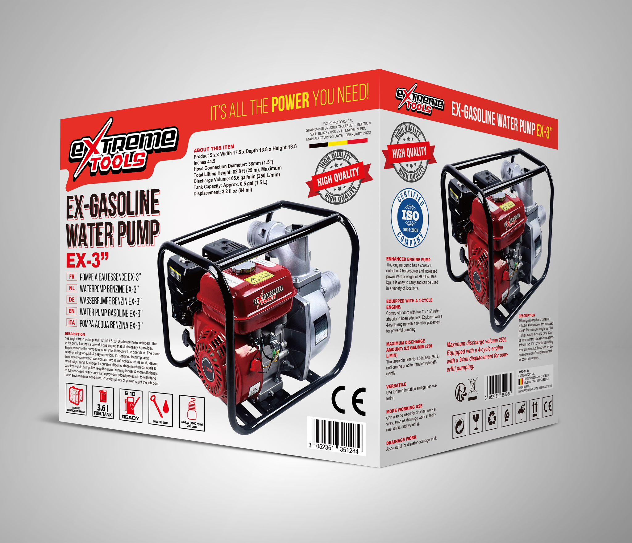 Bomba de agua a gasolina EXTREME TOOLSde 3 pulgadas (70mm) 6.5HP 4.8KW de Potencia motor de 4 tiempos