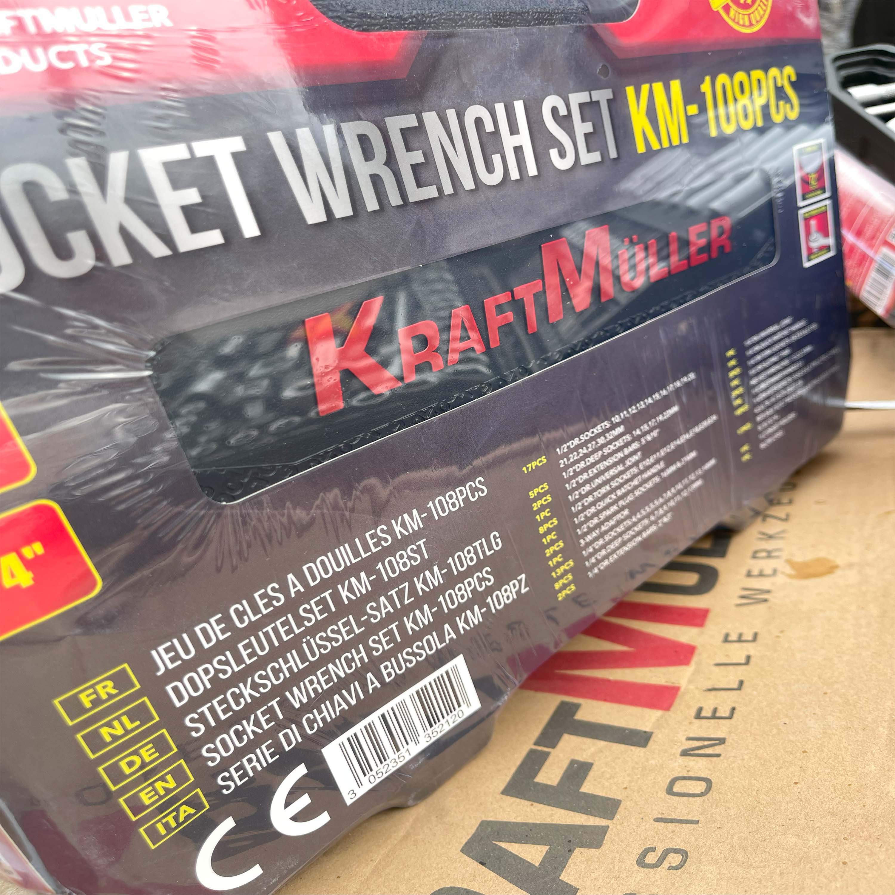 Maletín de Herramientas Kraftmuller | Juego de 108 Piezas con Llaves de Carraca y Vasos | Kit Profesional para Mecánica y Bricolaje