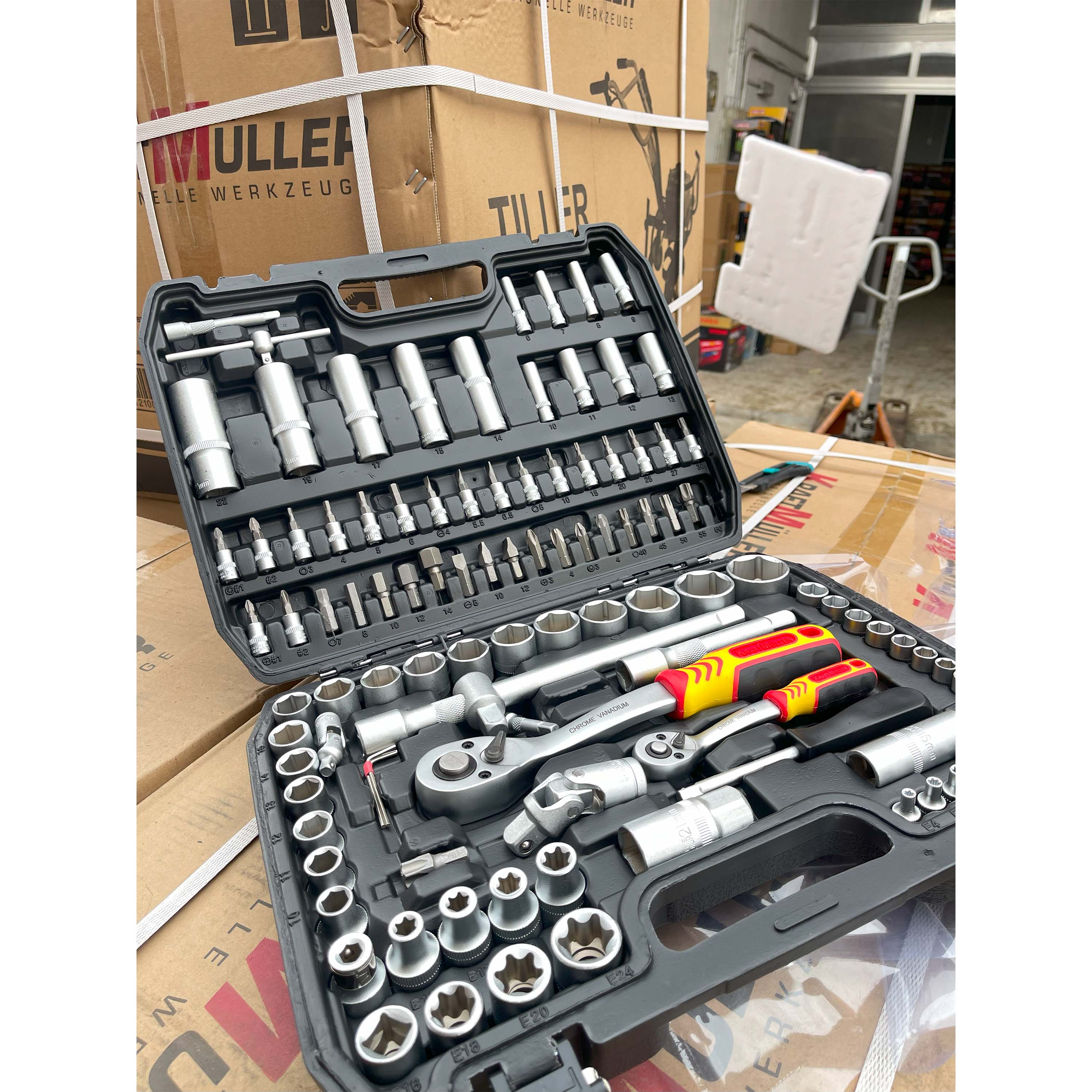 Maletín de Herramientas Kraftmuller | Juego de 108 Piezas con Llaves de Carraca y Vasos | Kit Profesional para Mecánica y Bricolaje