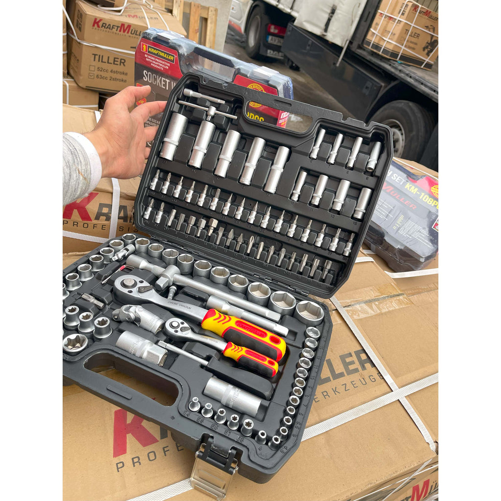 Maletín de Herramientas Kraftmuller | Juego de 108 Piezas con Llaves de Carraca y Vasos | Kit Profesional para Mecánica y Bricolaje