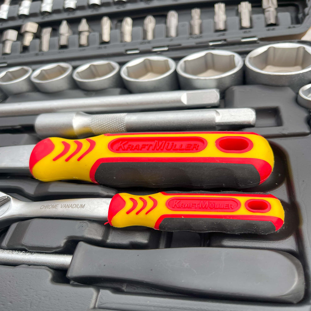 Maletín de Herramientas Kraftmuller | Juego de 108 Piezas con Llaves de Carraca y Vasos | Kit Profesional para Mecánica y Bricolaje