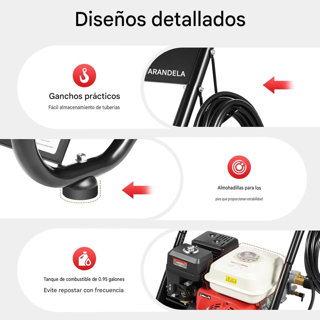 Hidrolimpiadora a gasolina 2500 PSI / 250 Bares - Motor 4 Tiempo, 5 Boquillas
